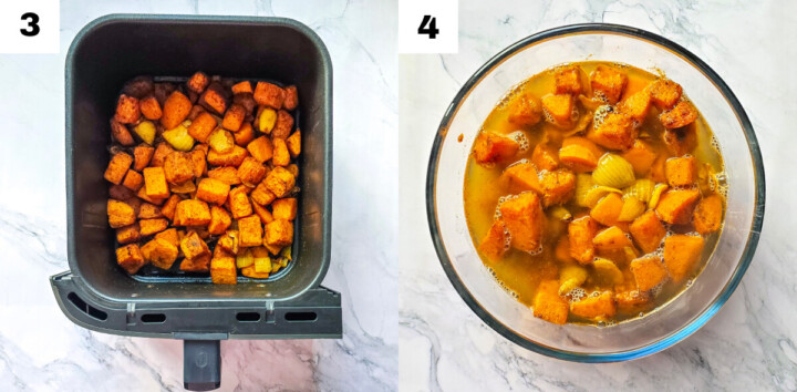 Étapes photos pour faire une recette de velouté de butternut et patates douces.