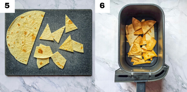 Un collage photo des étapes pour faire des pita chips au airfryer.
