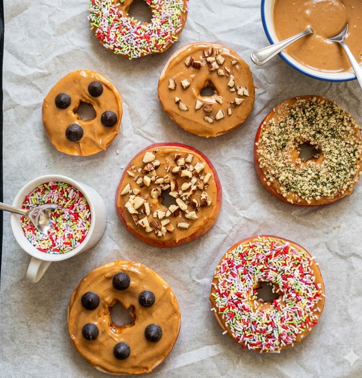 Vue de dessus de donuts de pommes (rondelles de pommes) nappées de beurre de cacahuète et décorées de pépites de chocolat, noisettes concassées, graines de chanvre et vermicelles colorés sur du papier cuisson.
