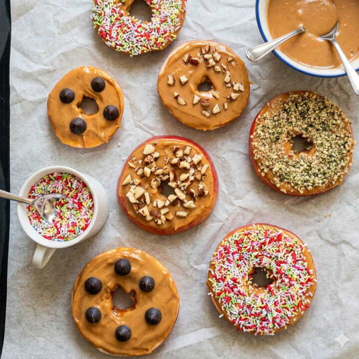 Vue de dessus de donuts de pommes (rondelles de pommes) nappées de beurre de cacahuète et décorées de pépites de chocolat, noisettes concassées, graines de chanvre et vermicelles colorés sur du papier cuisson.