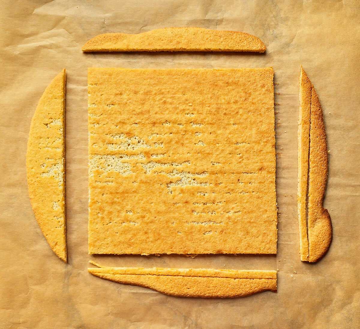 Un biscuit Joconde maison doré, découpé en un carré parfait sur une feuille de papier cuisson, avec les chutes de biscuit disposées sur les côtés.