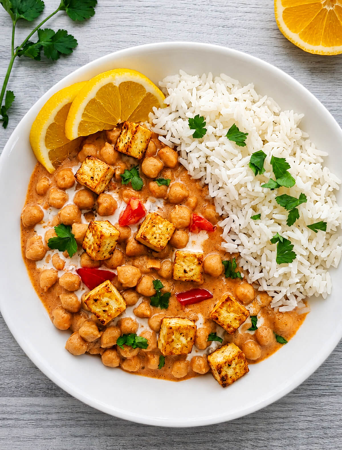Un bol blanc contenant un curry de pois chiches onctueux au lait de coco et à la tomate, servi avec du riz complet, décoré de tranches de citron jaune et de coriandre fraîche.