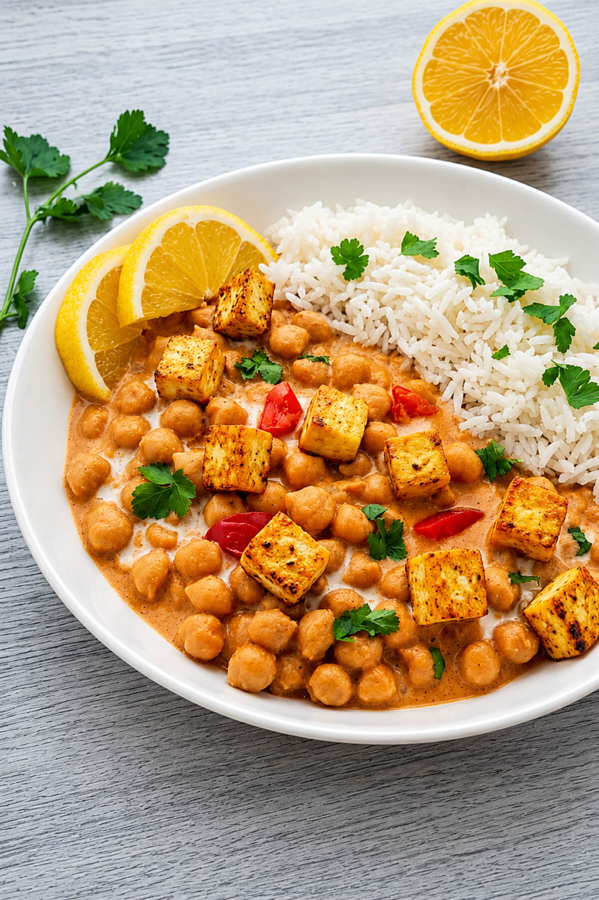 Une assiette blanche creuse remplie de curry de pois chiches, tofu et lait de coco, avec du riz, parsemé de coriandre fraîche, et rondelles de citron, sur un fond bois clair.