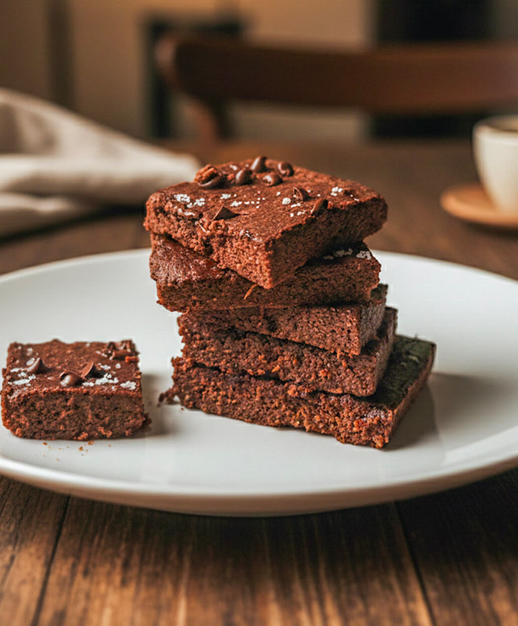Des carrés de brownie patate douce dans une assiette blanche, sur une table en bois.