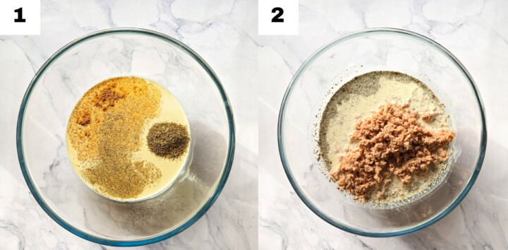 Montage montrant à gauche le mélange de crème et d'épices dans un saladier (étape 1) et à droite l'ajout du thon émietté dans la préparation (étape 2).