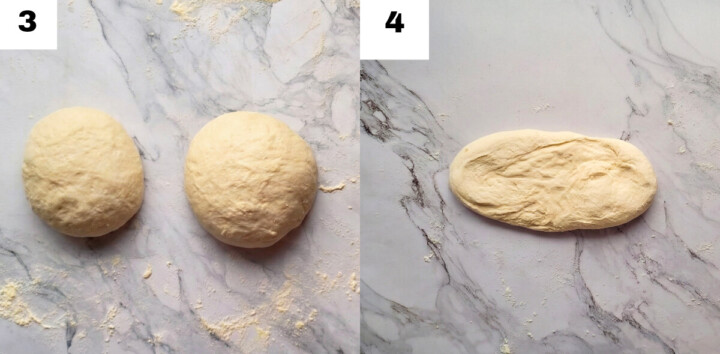 À gauche, deux boules de pâte farinées sur un plan de travail en marbre (étape 3) et à droite, un pâton aplati prêt à être façonné (étape 4).