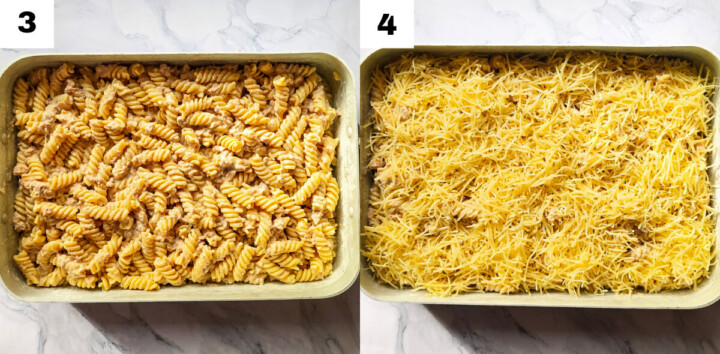 À gauche, gros plan sur le plat rempli de fusillis mélangés à la sauce au thon (étape 3) et à droite, le plat recouvert d'une généreuse couche de fromage râpé avant cuisson (étape 4).