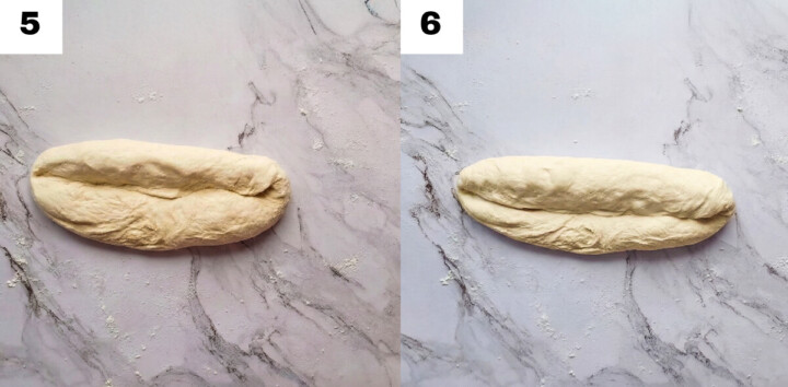 Étapes de pliage de la pâte pour donner de la force à la baguette, montrant le rabat du bord supérieur vers le centre du pâton.