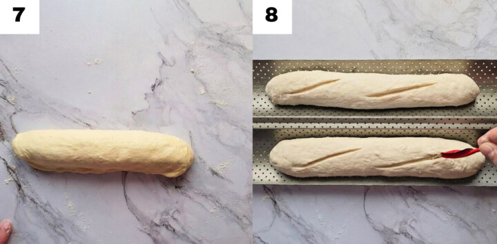 À gauche, le pâton allongé final (étape 7) et à droite, l'utilisation d'une lame de boulanger pour inciser le pain sur une plaque perforée avant l'enfournement (étape 8).