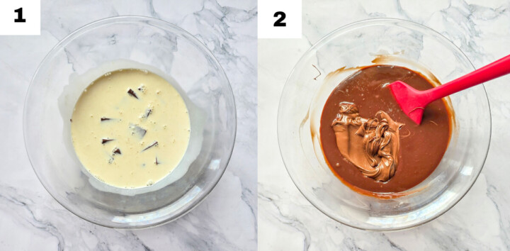 Une image composite montrant deux étapes de la préparation d'une ganache. À gauche (étape 1), un bol en verre contient de la crème chaude versée sur des pistoles de chocolat noir pâtissier sur un plan de travail en marbre. À droite (étape 2), un bol contient une ganache au chocolat fondue et lisse, à laquelle une généreuse quantité de pâte à tartiner (type Nutella) est ajoutée avant d'être mélangée avec une maryse rouge.