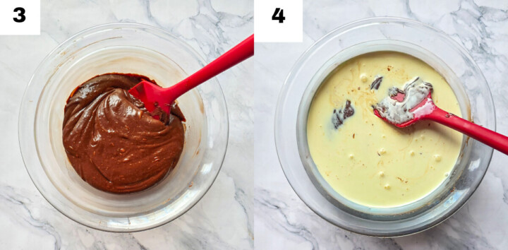 Montage photo montrant la suite des étapes de la ganache Nutella : à gauche (3), une maryse rouge mélange la ganache pour la rendre lisse et brillante après l'ajout de la pâte à tartiner ; à droite (4), de la crème liquide froide est incorporée au mélange pour stabiliser ce futur fourrage de gâteau.