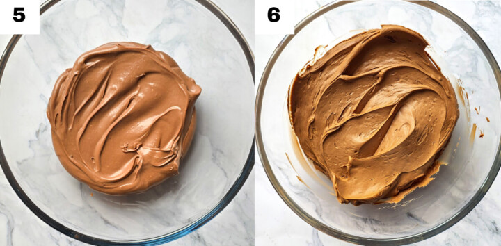 Montage photo montrant la transformation de la ganache Nutella : à gauche (5), l'état de la ganache classique après repos au frais, lisse et ferme ; à droite (6), le résultat spectaculaire après fouettage intense, où elle est devenue une ganache montée aérée, volumineuse et prête pour le pochage sur un gâteau.