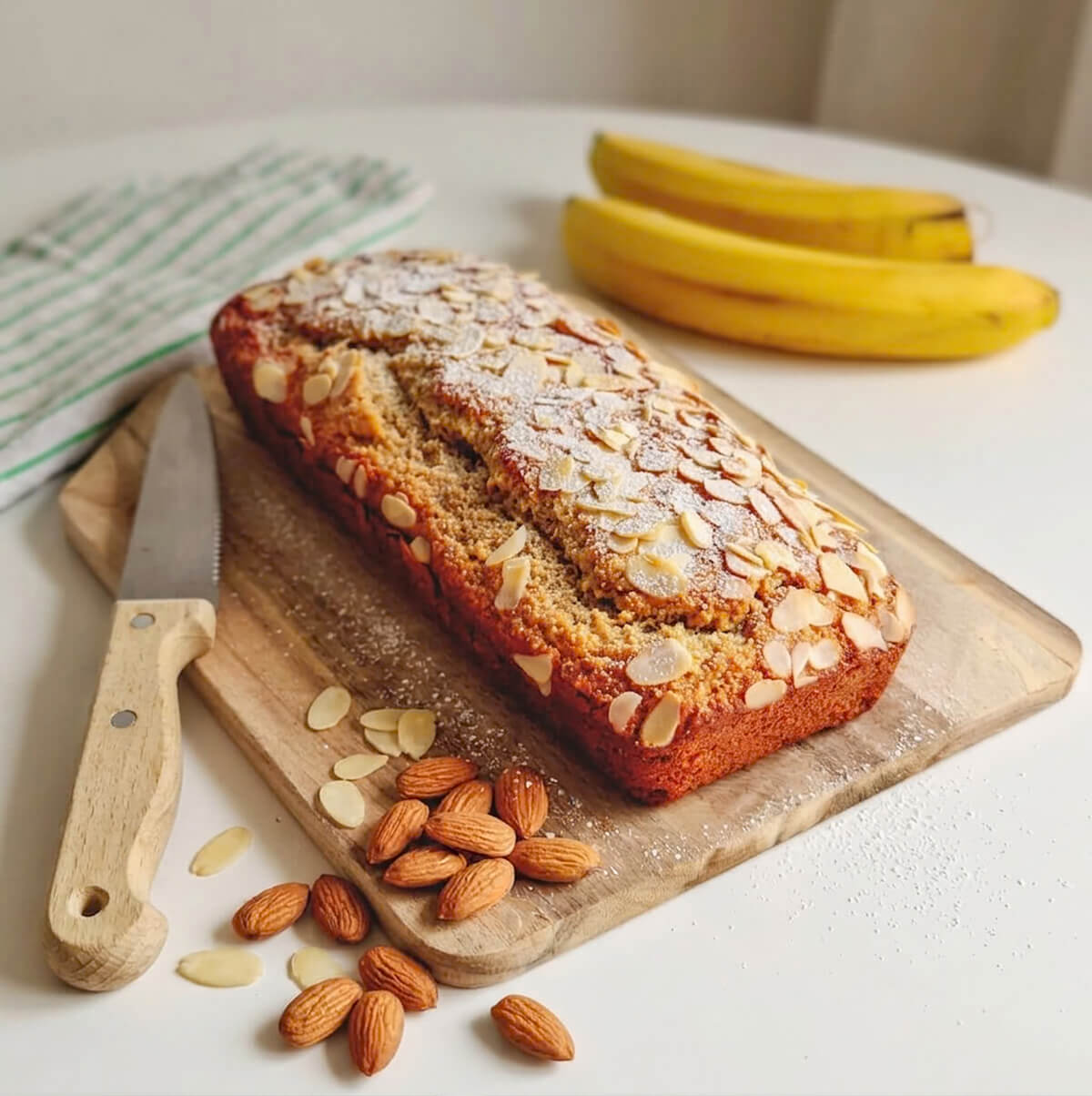 Un cake à la banane (banana bread) doré, généreusement parsemé d'amandes effilées sur le dessus, présenté sur une planche à découper en bois avec un couteau et deux bananes entières en arrière-plan.