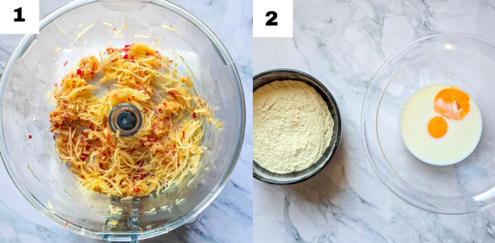 Un collage photo des étapes pour faire des pancakes aux pommes fluffly.