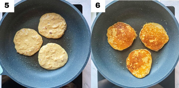 Montage de deux photos montrant la cuisson à la poêle. À gauche (étape 5), trois petits tas de pâte aux pommes cuisent dans une poêle chaude. À droite (étape 6), les pancakes ont été retournés et présentent une face parfaitement dorée et alvéolée.