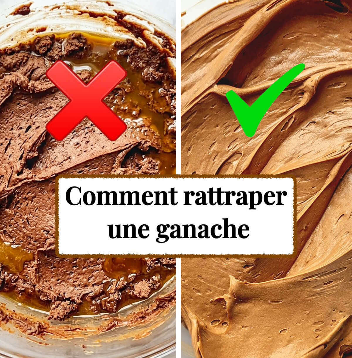 Comparaison entre une ganache au chocolat tranchée (à gauche avec une croix rouge) et une ganache lisse et réussie (à droite avec une coche verte), avec le texte central « Comment rattraper une ganache ».
