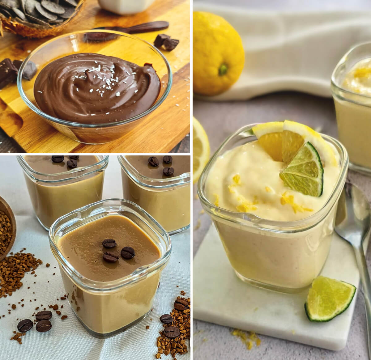Collage de 3 photos montrant différentes variantes de crèmes dessert (citron, café et chocolat).