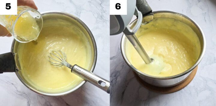 Action de verser le jus de citron dans la casserole (étape 5), suivi du mixage de la crème avec le beurre à l'aide d'un mixeur plongeant (étape 6).