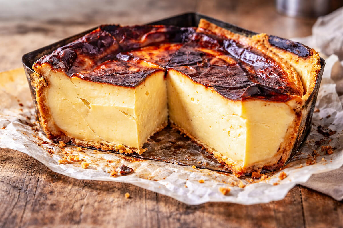Un flan coupé montrant une texture trop ferme, et des croûtes noires.