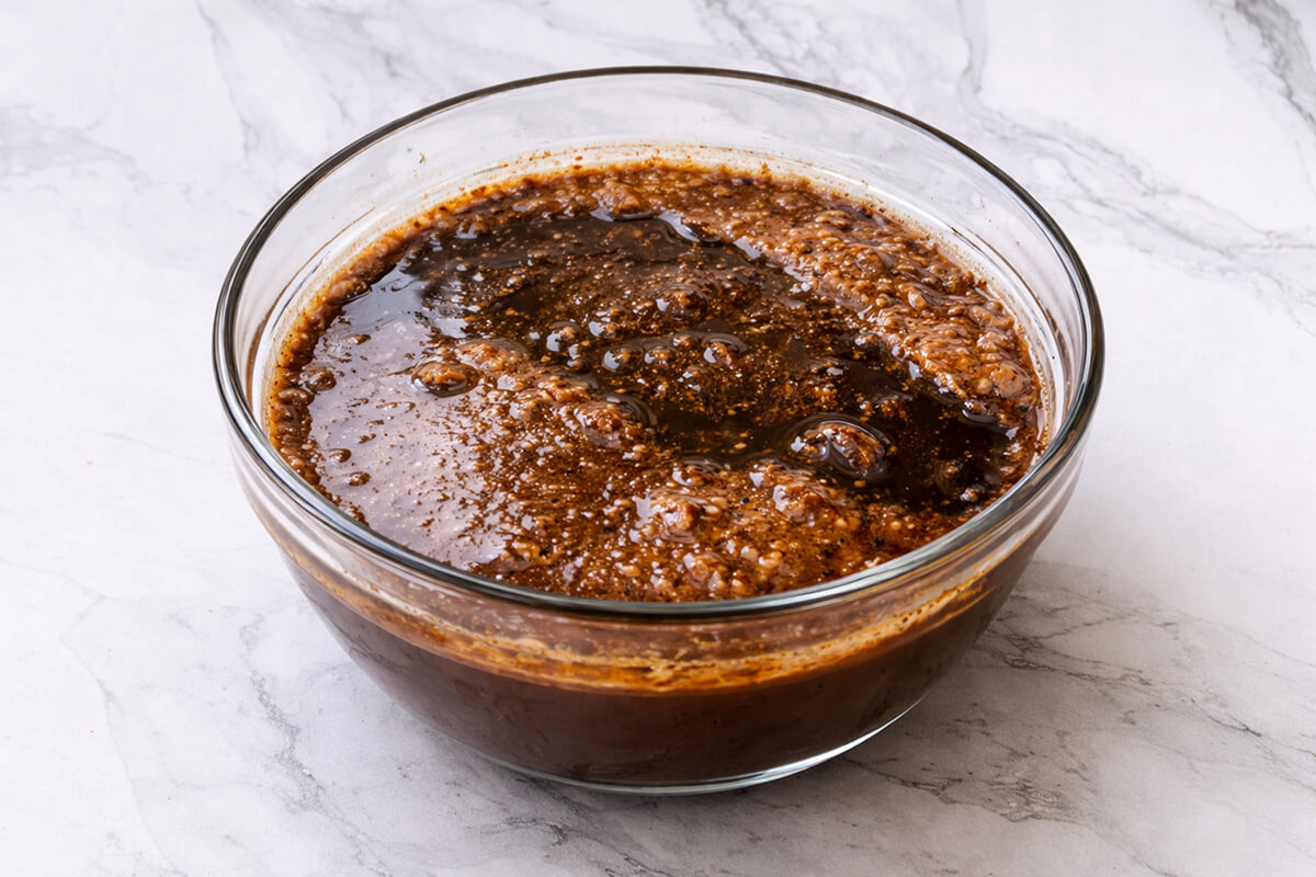 Une ganache au chocolat tranchée dans un bol en verre, montrant une texture granuleuse et non homogène avec une couche d'huile qui remonte à la surface, illustrant un problème d'émulsion.