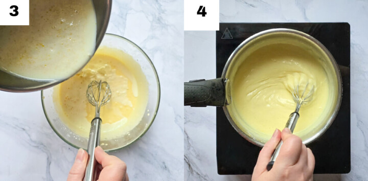 Action de verser le lait chaud sur le mélange d'œufs dans un bol (étape 3), puis cuisson de la crème au citron dans une casserole en fouettant jusqu'à épaississement (étape 4).