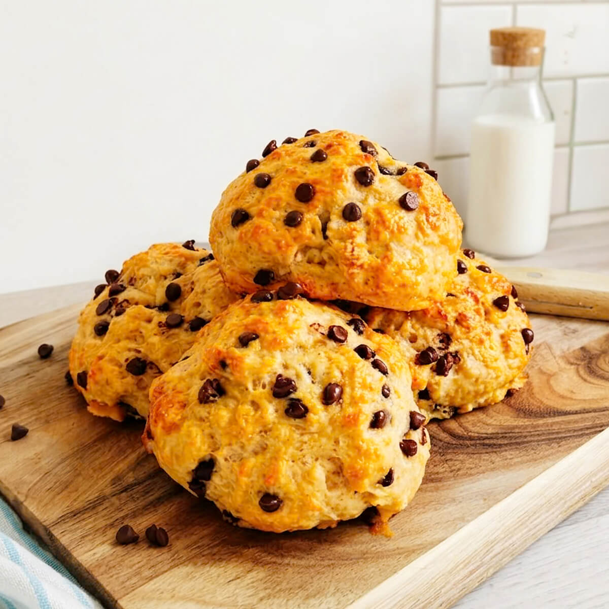 Des briochettes aux pépites de chocolat pour le goûter healthy, sur une planche de bois, torchon sur le côté, et couteau.