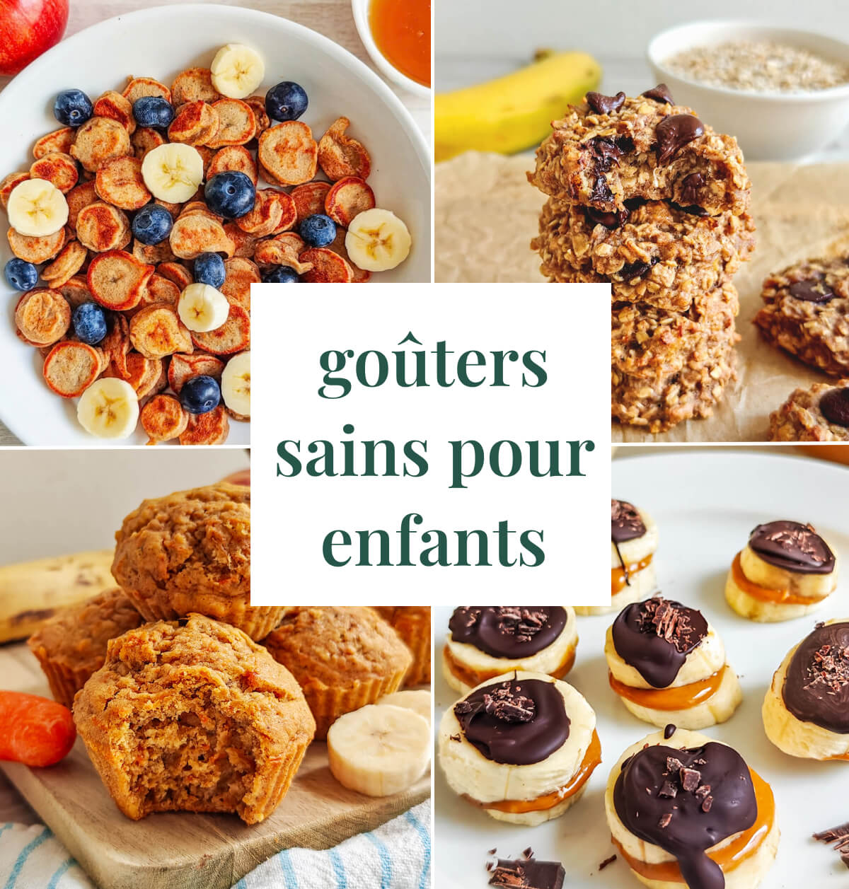 Un collage de 4 photos pour illustrer des idées de goûters sains et gourmand pour enfants.