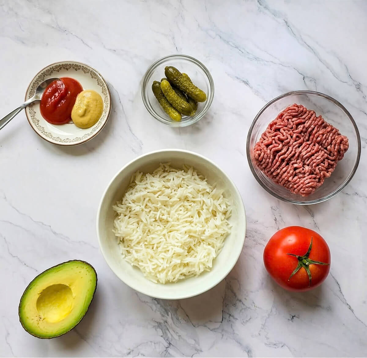 Des ingrédients pour faire un bowl de steak haché, sur une surface blanche marbré.