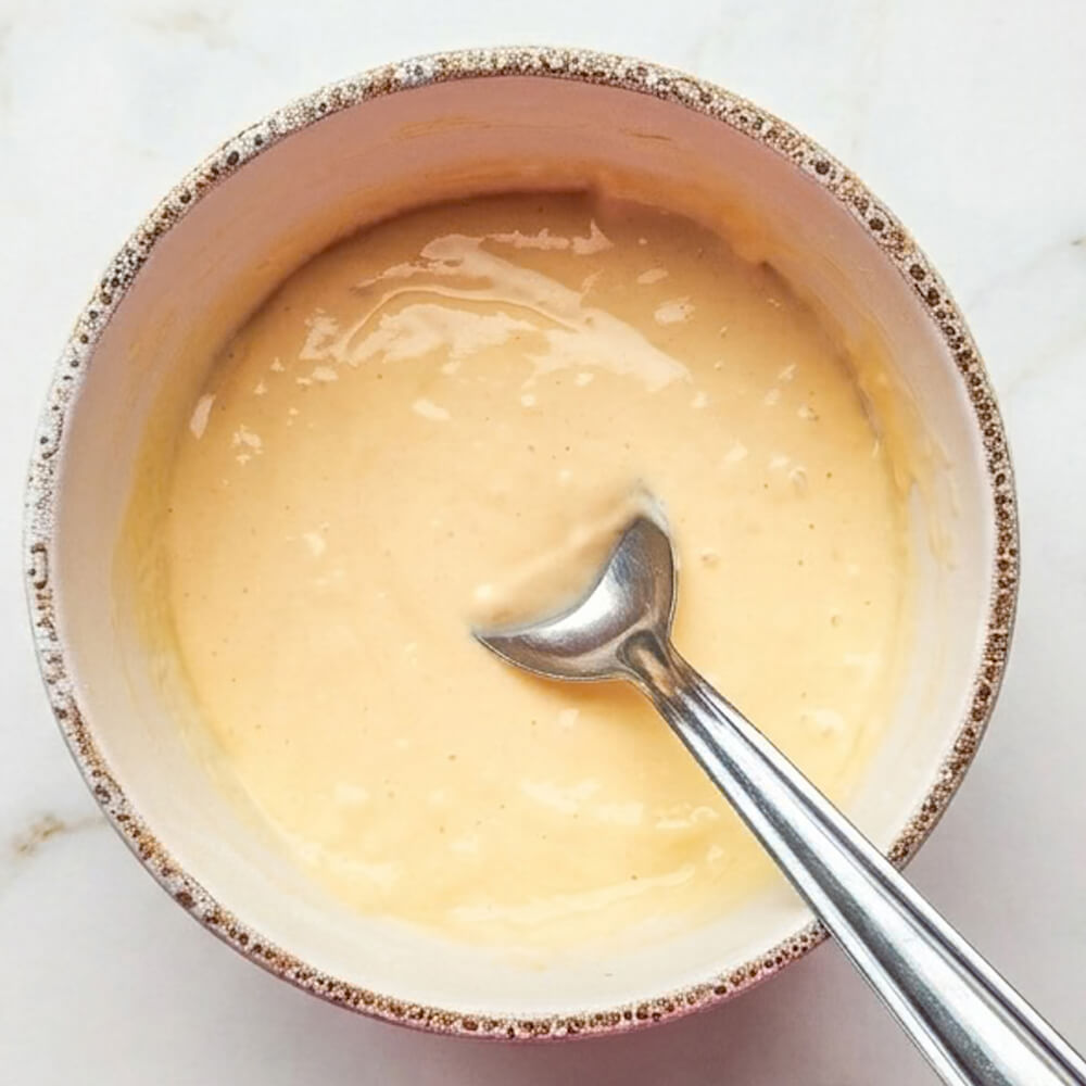 Une vue de dessus de pâte à crêpes beige dans un bol beige avec une cuillère en acier inoxydable reposant dedans.