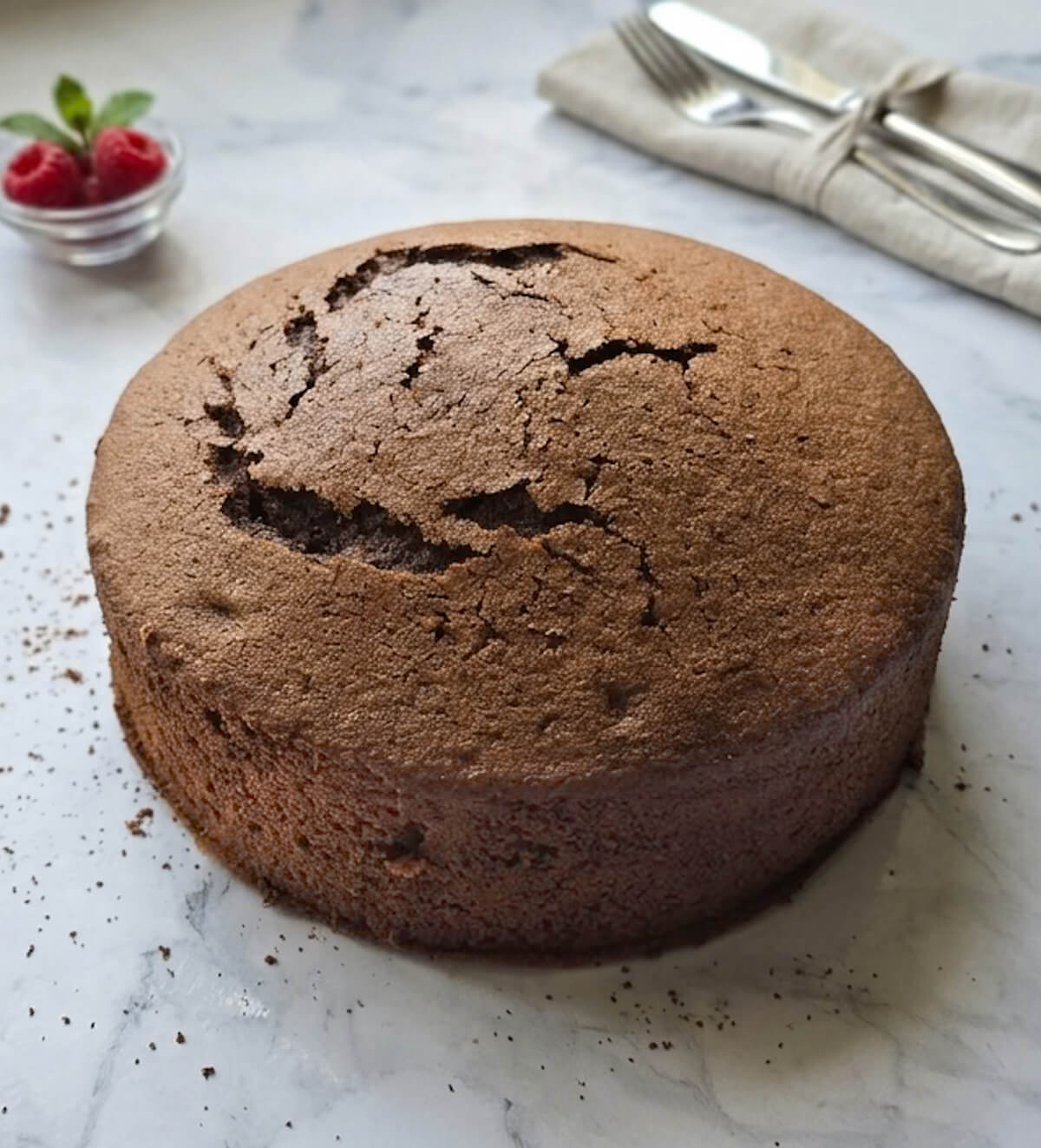 Un gâteau chiffon cake au cacao sur une surface blanche marbrée.