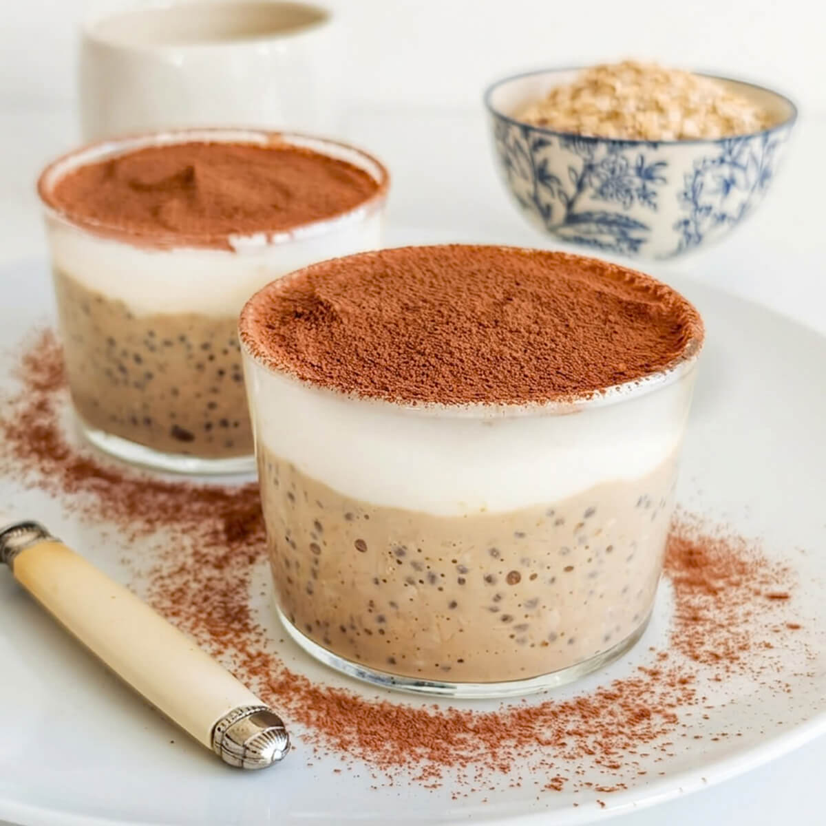 Gros plan de deux verrines de pudding d'avoine et chia au café, surmontées d'une couche de yaourt blanc et de cacao amer.