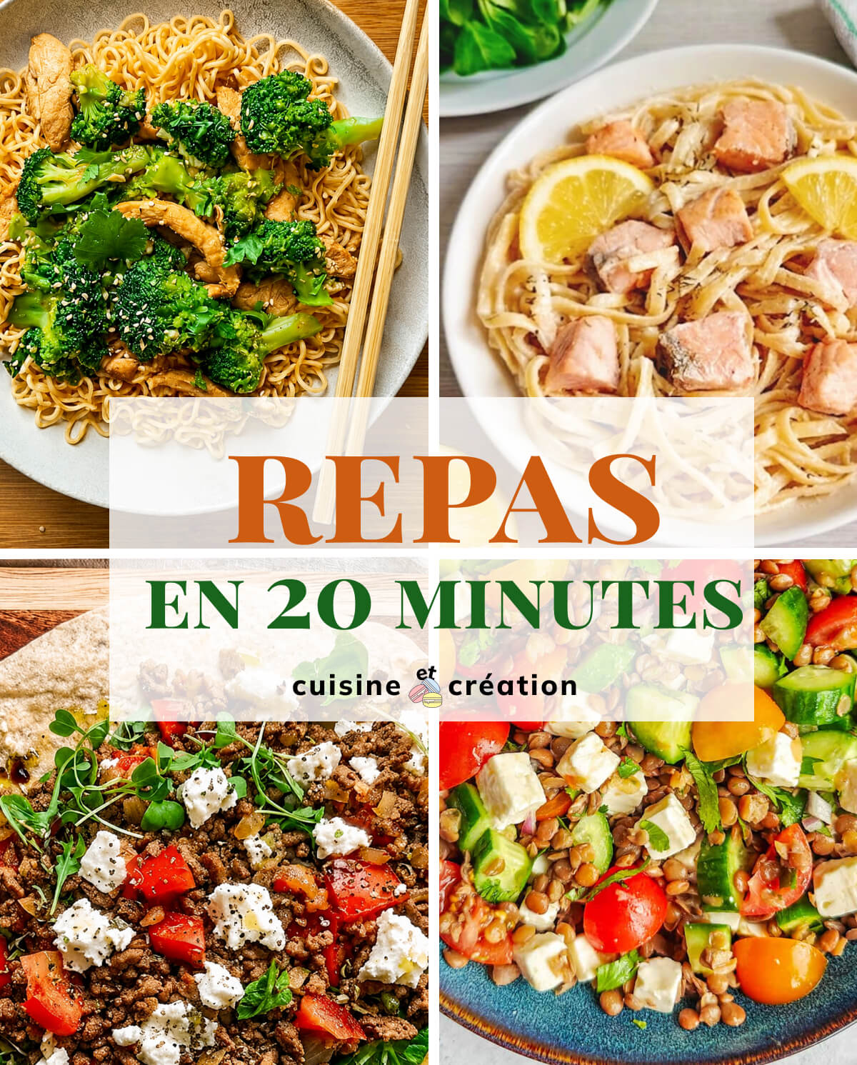 Collage de 4 photos et un titre : repas en 20 Minutes, avec le logo Cuisine et Création.