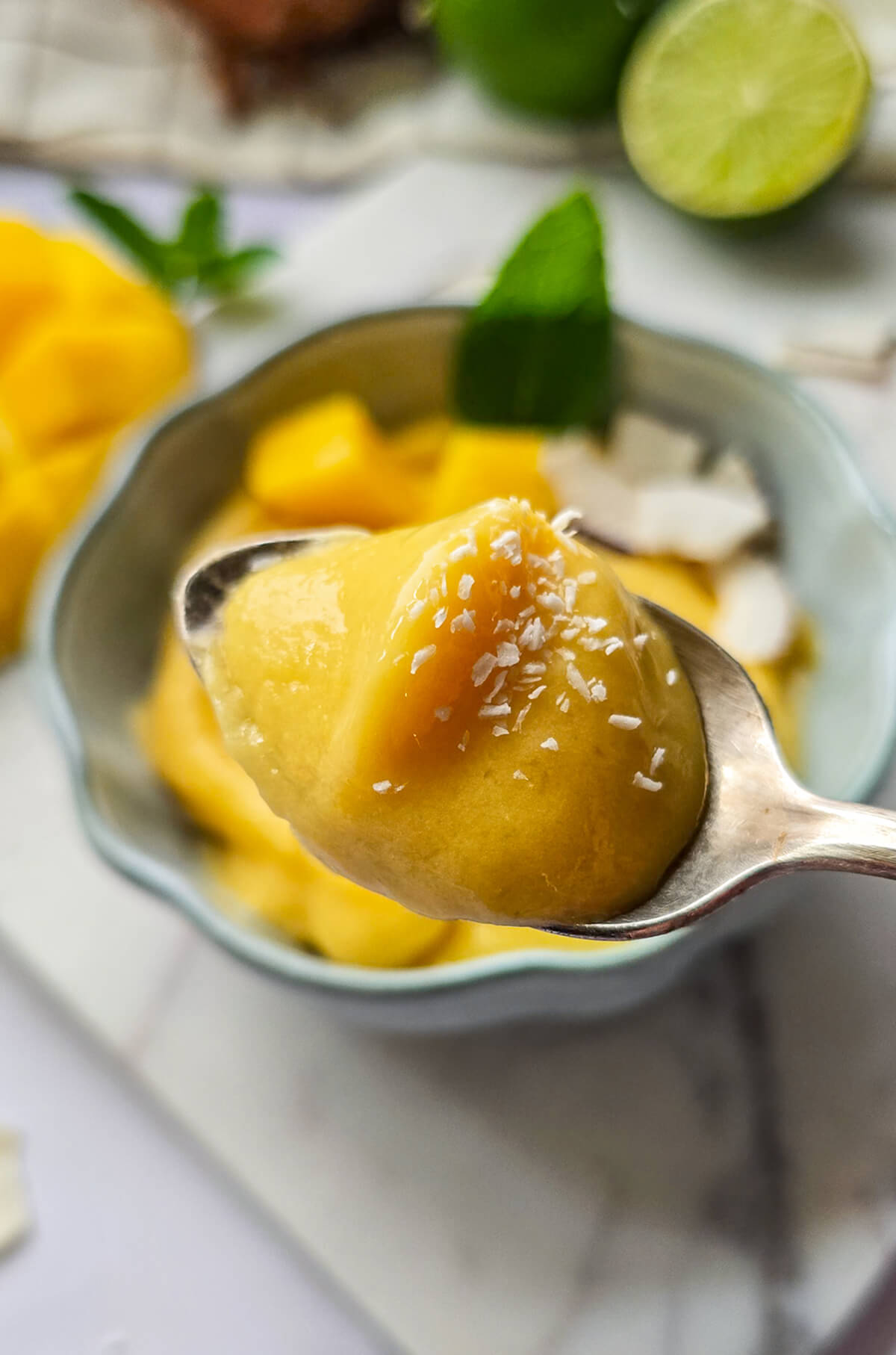 Gros plan sur une cuillère de sorbet mangue maison onctueux, parsemé de noix de coco râpée. Une recette de dessert glacé saine et rapide avec le bol en arrière-plan flouté.