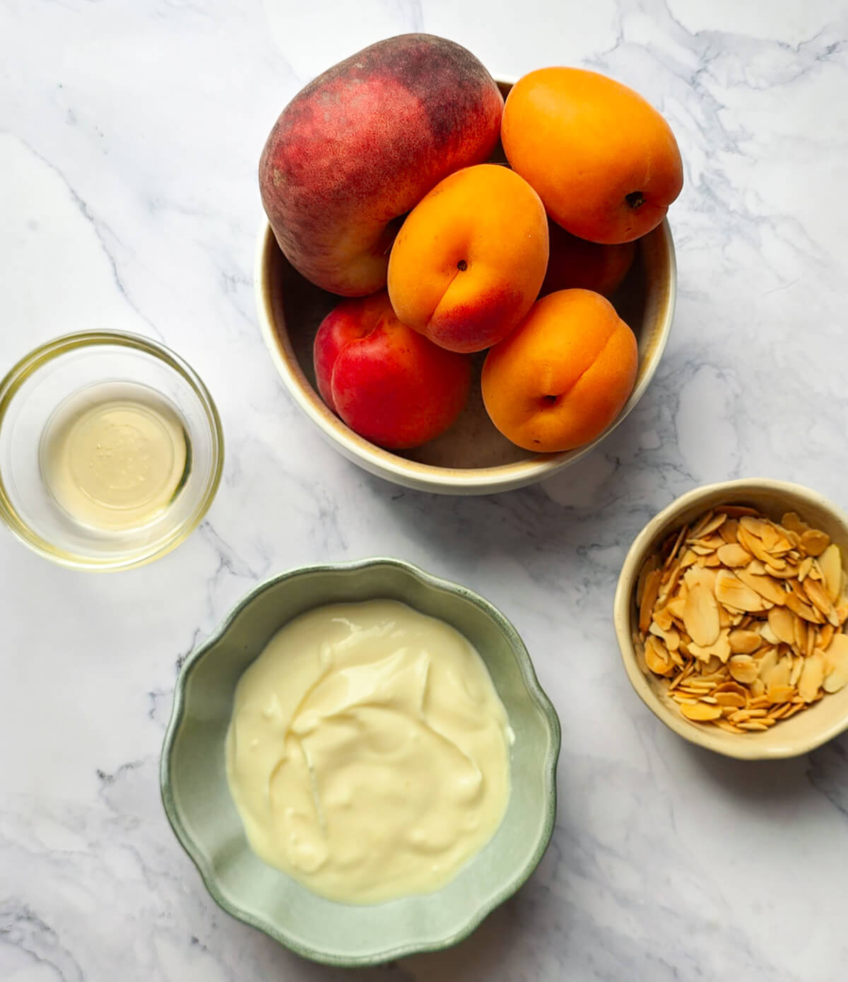 Ingrédients pour recette de glace saine : un bol d'abricots frais et une pêche, un récipient de yaourt ou skyr, un petit bol d'amandes effilées et du sirop de fruits sur un plan de travail en marbre.