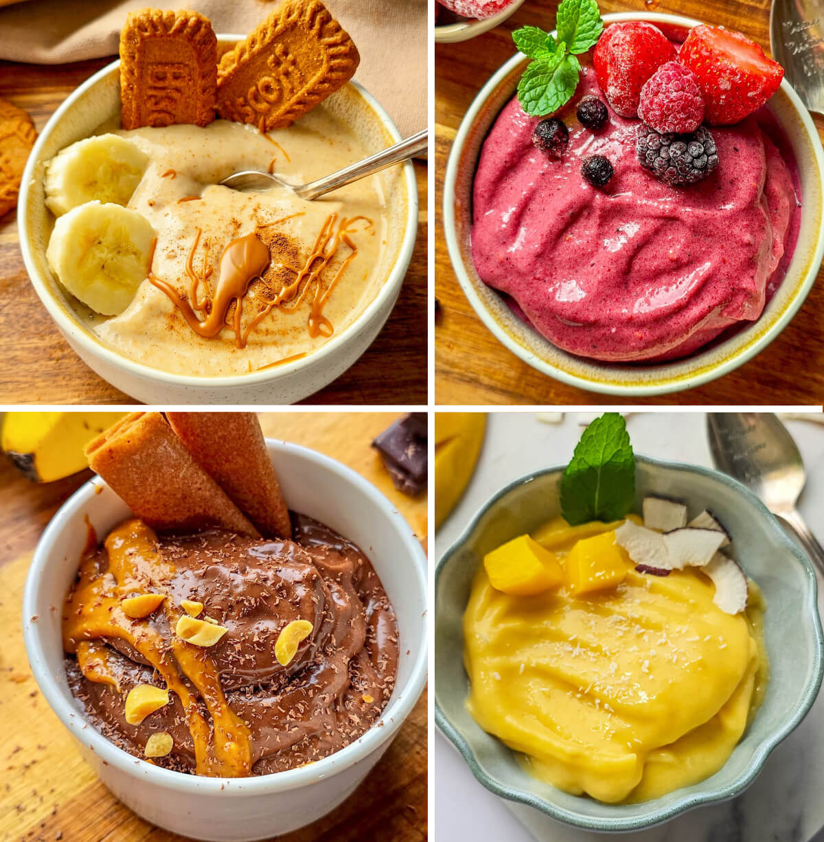 Collage de 4 photos de de sorbets et glaces maison sans sorbetière pour l'été.