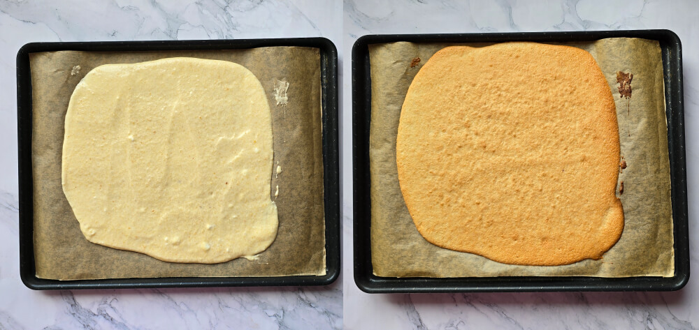 Étape-cuisson-biscuit-joconde (1) Un collage photo de deux photos montrant les étapes pour cuire un biscuit joconde pour un entremets.