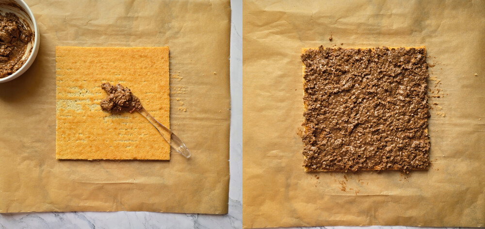 Préparer-croustillant-praliné (1) Collage de deux photos montrant la préparation d'un croustillant praliné.