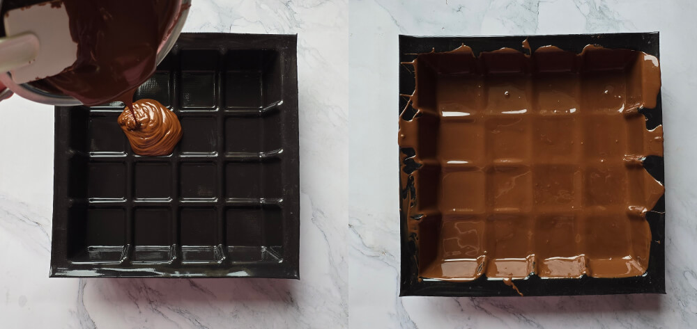 préparer-coque-chocolat-entremets-3-chocolats (1) Collage photos d'une préparation de coque chocolat dans un moule tablette pour faire un entremets 3 chocolats.