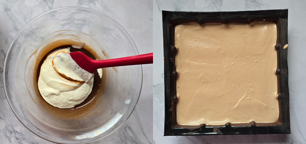 préparer-et-pocher-mousse-choco-lait (1) Collage photos des étapes pour réaliser la mousse chocolat au lait et la pocher dans un moule tablette.