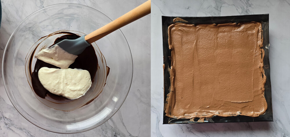 préparer-pocher-mousse-choco-noir (1) Collage photos des étapes pour préparer une mousse chocolat noir et pochage dans un moule tablette Flexipan.