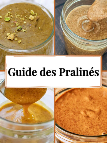Montage de quatre photos montrant différentes textures de praliné maison dans des bocaux en verre. Au centre, le titre