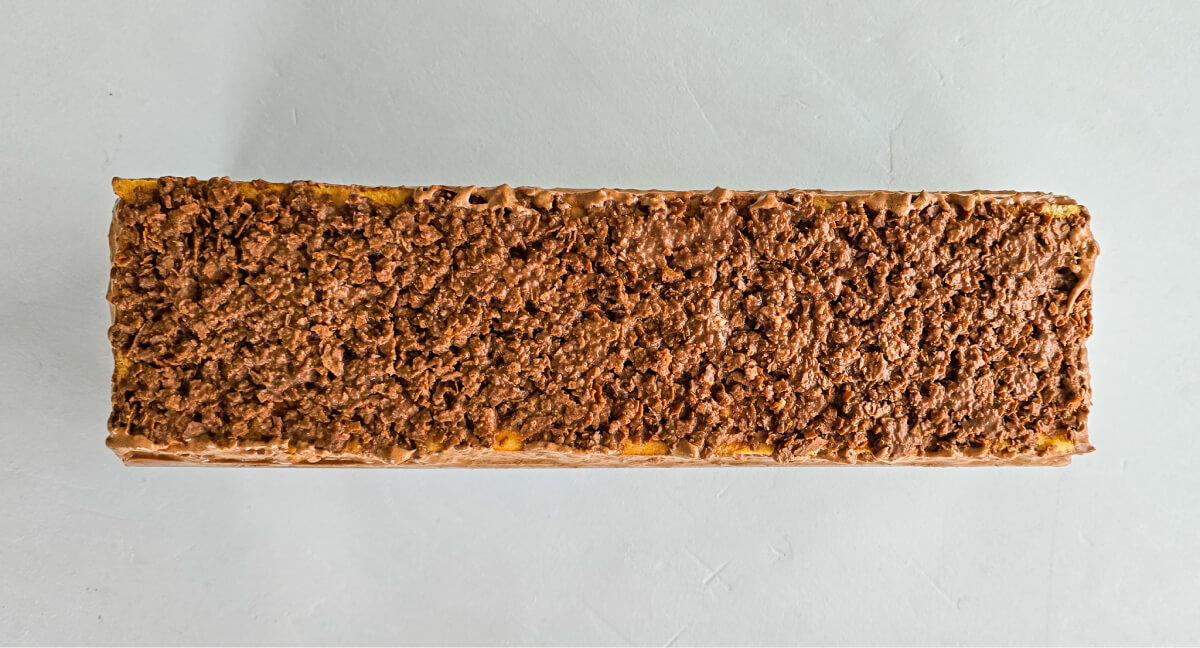 Une préparation au chocolat dans un moule a bûche sur un fond blanc.