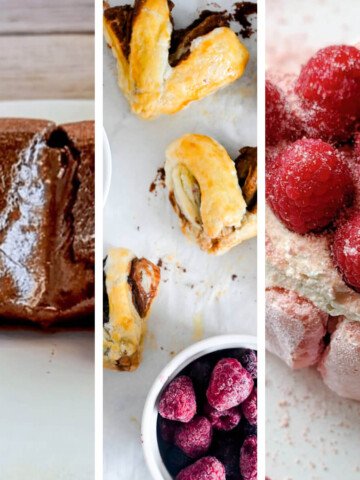 Collage photos de sélection de desserts maison pour la Saint-Valentin : mi-cuit au chocolat fondant, cœurs feuilletés au Nutella et mini charlotte aux framboises fraîches.