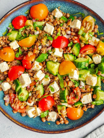 Une salade de lentilles dans une assiette creuse de couleur bleu, sur un fond blanc.