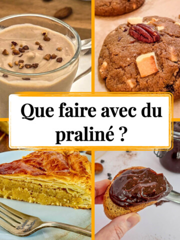Un collage photo montrant 4 photos de recettes à faire avec du praliné maison, et au milieu le titre : que faire avec du praliné ?