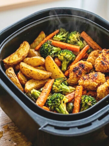 Un airfryer rempli de légumes et viande sur une table en bois.