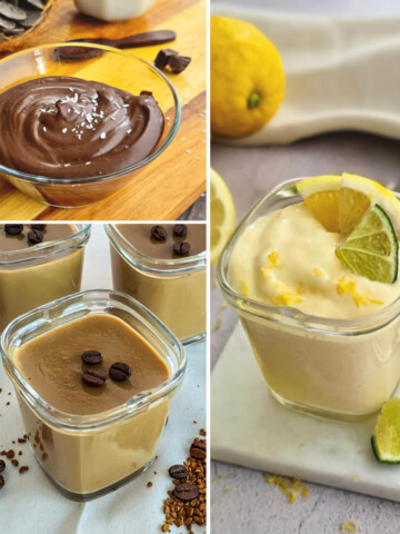 Collage de 3 photos montrant différentes variantes de crèmes dessert (citron, café et chocolat).