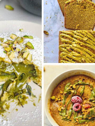 Un collage de quatre photos de desserts à la pistache : un cookie fondant à la pistache avec glaçage, des tranches de cake à la pistache, un cake à la pistache avec glaçage au chocolat blanc, et un bowlcake à la pistache avec pistaches et framboises.