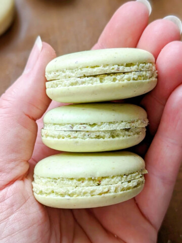 Des coques macarons verts clairs dans le creux d'une main.