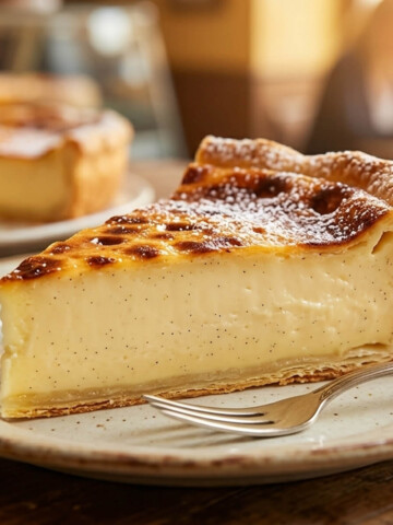 Une part de flan pâtissier dans une assiette blanche, cuillère sur le côté, le tout posé sur une table en bois.